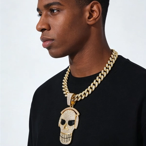 Collana con Pendente a Forma di Teschio e Cuffie da Uomo Hip Hop Strass Pavé Catena a Maglia Cubana Oro Argento Gioielli in Lega