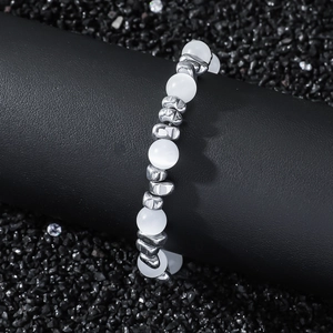 Bracelet Hip Hop en Acier Inoxydable avec Pierre de Chat et Éclats de Pierre Unisex Chaîne de Perles Géométriques Irrégulières Avec Boîte Cadeau