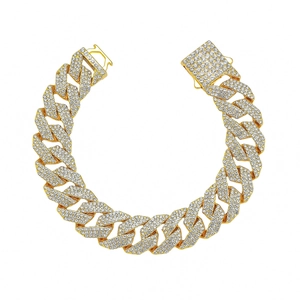 Bracelet Gourmette 15mm pour homme plaqué or avec triple rangée de diamants givrés