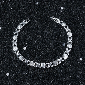 8mm silver hip hop XO chain bracelet with sparkling round claw-set zircons on black stone