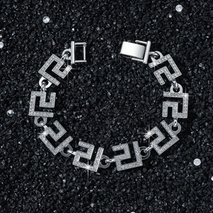 Silver 14mm hip hop chain bracelet with geometric greek key links and pavé zircons