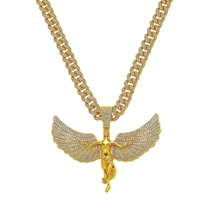 Golden Cuban chain necklace with iced-out angel wings pendant in white crystals