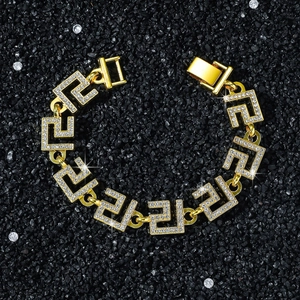 Iced out 14mm gold Greek key chain bracelet with pave zircons for men in hip hop style