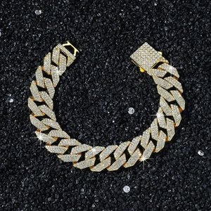 Bracelet Maillon Cubain Hip Hop pour Hommes Losange Trois Rangs Iced Out Alliage de Zinc Strass en Verre Bijoux Streetwear