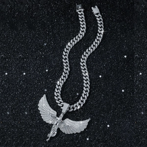 Hip hop silver cuban chain with oversized iced out angel wings pendant for men