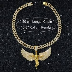 Macro detail of iced-out angel wings pendant and Cuban chain with measurements