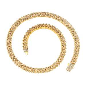 Hip Hop Full Rhinestone Fish-tail V-Shaped Chain Necklace Alloy Gold Silver Plated Spliced Cuban Chain Jewelry For Men