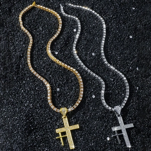 Collana tennis hip hop da uomo con doppio ciondolo a croce ghiacciato in oro e argento