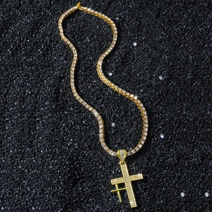 Collana con Ciondolo a Doppia Croce Hip Hop per Uomo Catena Tennis con Pavé di Strass Gioielli in Lega di Zinco