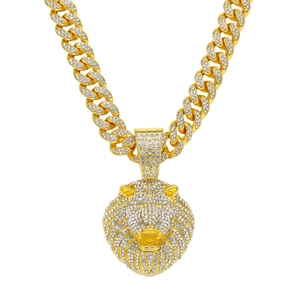 Men's Hip Hop Lion Head Pendant Necklace With Cuban Link Chain Gold Silver Plated Zinc Alloy Rhinestone Pave Punk Jewelry