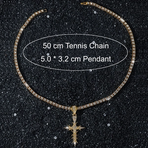 Macro view of 50cm gold tennis chain and 5.0x3.2cm iced-out thorn cross pendant