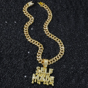 Hip Hop Iced Out Self Made Letter Pendant Necklace Alloy Rhinestone Cuban Link Chain For Men Street Jewelry