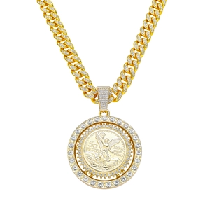Collier Pendentif Pièce Ange Rotatif Hip Hop pour Hommes Alliage de Zinc Strass Chaîne à Maillons Cubains Bijoux Médaillon