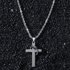 Men's hip hop silver cross pendant necklace with rope chain and engraved religious script