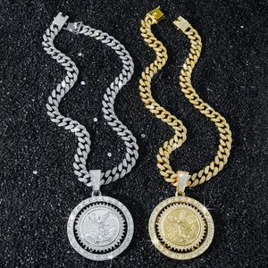 Chaîne cubaine hip hop avec pendentifs pièces ange rotatives en or et argent sertis