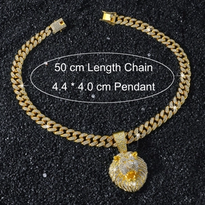 Iced out lion head pendant measuring 4.4x4.0cm with a 50cm long Cuban chain