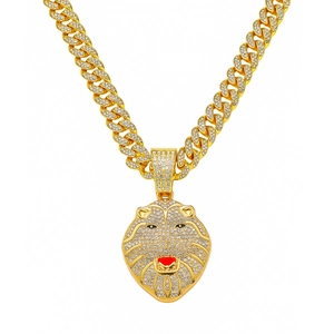 Collier Pendentif Tête de Lion Hip Hop pour Hommes Alliage de Zinc Serti de Strass Chaîne Cubaine Or Argent Bijoux