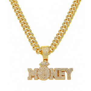 Collier Pendentif Lettre MONEY Sac d'Argent Hip Hop pour Hommes Strass Incrustés Alliage de Zinc Chaîne Cubaine Or Argent Bijoux