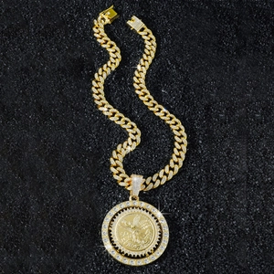 Collier hip hop pour homme avec chaîne cubaine et pendentif pièce mexicaine rotative