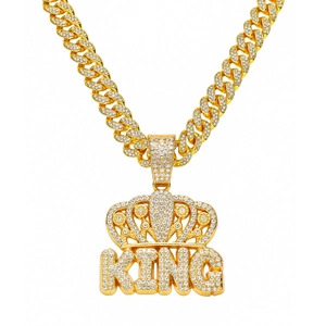 Collier hip-hop pour homme avec pendentif couronne KING en or et chaîne cubaine