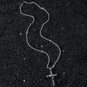 Men's silver stainless steel twist chain necklace with laser-engraved cross pendant