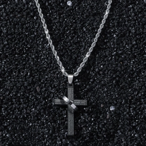 Men's black brushed cross pendant with silver ring and Spanish prayer on rope chain