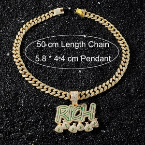 Hip-Hop Goldkette mit RICH Geldsack Anhänger zeigt 50cm Länge und detaillierte Abmessungen