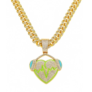 Collier Hip Hop Homme Pendentif Écouteurs Cœur Alliage de Zinc Strass Pouls ECG Chaîne Cubaine Bijoux Streetwear