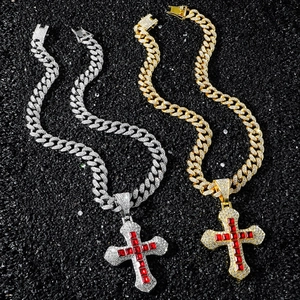 Colliers chaîne cubaine hip-hop pour hommes avec grands pendentifs croix en pierre rouge