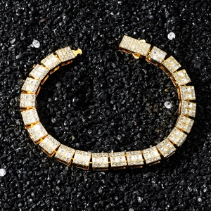 Bracelet hip-hop pour homme en or avec zircons carrés étincelants style tennis