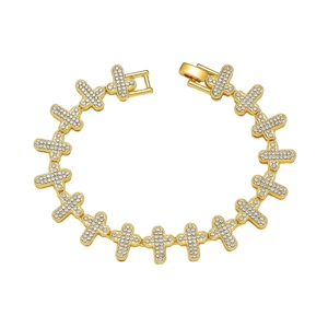 Iced out hip hop cross link bracelet in gold finish with white pavé cubic zirconia