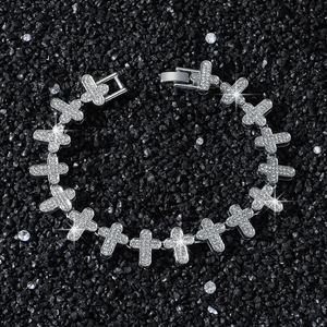 Men hip hop chain bracelet featuring fully iced-out cross links in silver tone