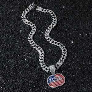 Hip hop Cuban link necklace with iced out apple-shaped USA flag pendant in silver finish