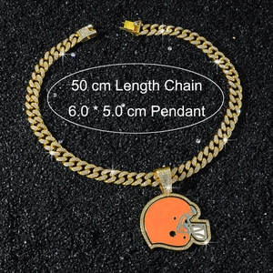 Detail of 50cm golden Cuban chain with 6x5cm iced-out orange football helmet pendant