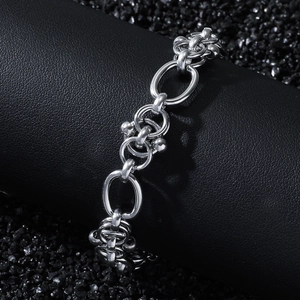 Industrial style silver stainless steel link chain bracelet for men and women on black leather