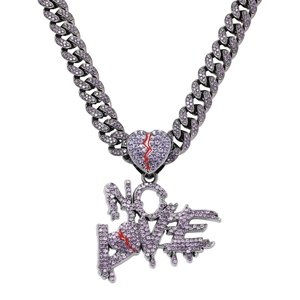 Hip hop iced out purple rhinestone NO LOVE heart pendant with cuban chain necklace