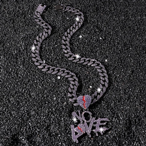 Hip Hop Men Pendant Necklace Purple Rhinestone Heart No Love Letter Alloy Cuban Link Chain Street Punk Style Jewelry