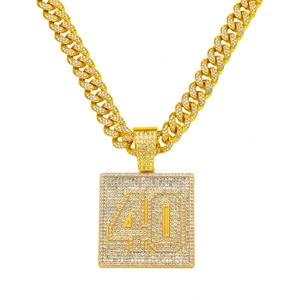 Collier Pendentif Carré Nombre 40 Hip Hop pour Hommes Alliage de Zinc Strass Chaîne Gourmette Bijoux de Rappeur Personnalisés