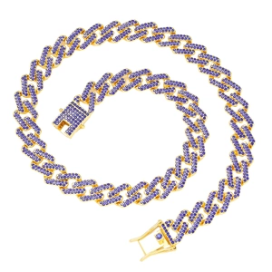 Chaîne Cuban Link pour hommes en or sertie de strass violets avec fermoir pliant sécurisé