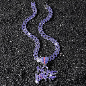 Catena cubana hip-hop con strass blu e ciondolo cuore spezzato NO LOVE