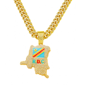Collier Pendentif Carte de la République Démocratique du Congo Hip Hop en Strass Homme Alliage de Zinc Bijoux