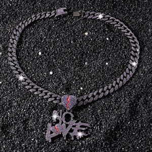 Men's hip hop purple Cuban chain necklace with iced out NO LOVE broken heart pendant