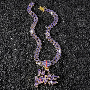 Collana Pendente Hip Hop Uomo in Lega di Zinco Strass No Love Cuore Lettera Catena a Maglie Cubane Iced Out Gioielli Streetwear