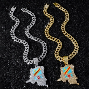 Collier hip hop avec pendentif carte du Congo serti de strass en or et argent