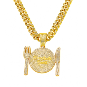 Hip Hop Plate Knife Fork Spoon Pendant Necklace Zinc Alloy Rhinestone Everybody Eats Cuban Link Chain Jewelry For Men