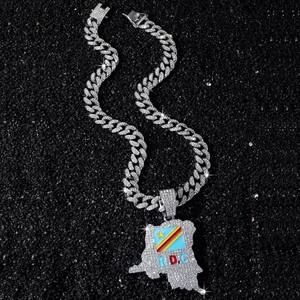 Collier chaîne cubaine pour hommes avec pendentif carte du Congo et drapeau R.D.C.
