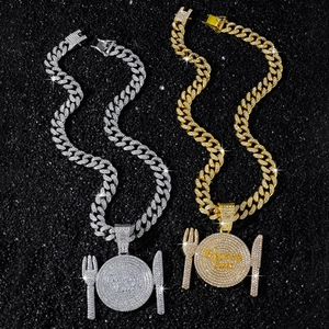 Iced out hip hop necklace with Everybody Eats plate pendant and fork knife charms