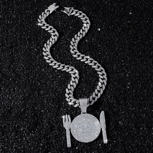 Iced out hip hop necklace with cutlery plate pendant and silver Cuban chain for men