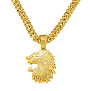 Herren Hip Hop Löwenkopf Anhänger Halskette Strass Besetzt Panzerkette Gold Silber Galvanisiert Zinklegierung Tier Schmuck