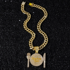 Gold-plated hip hop Cuban chain with iced-out Everybody Eats plate and cutlery pendant